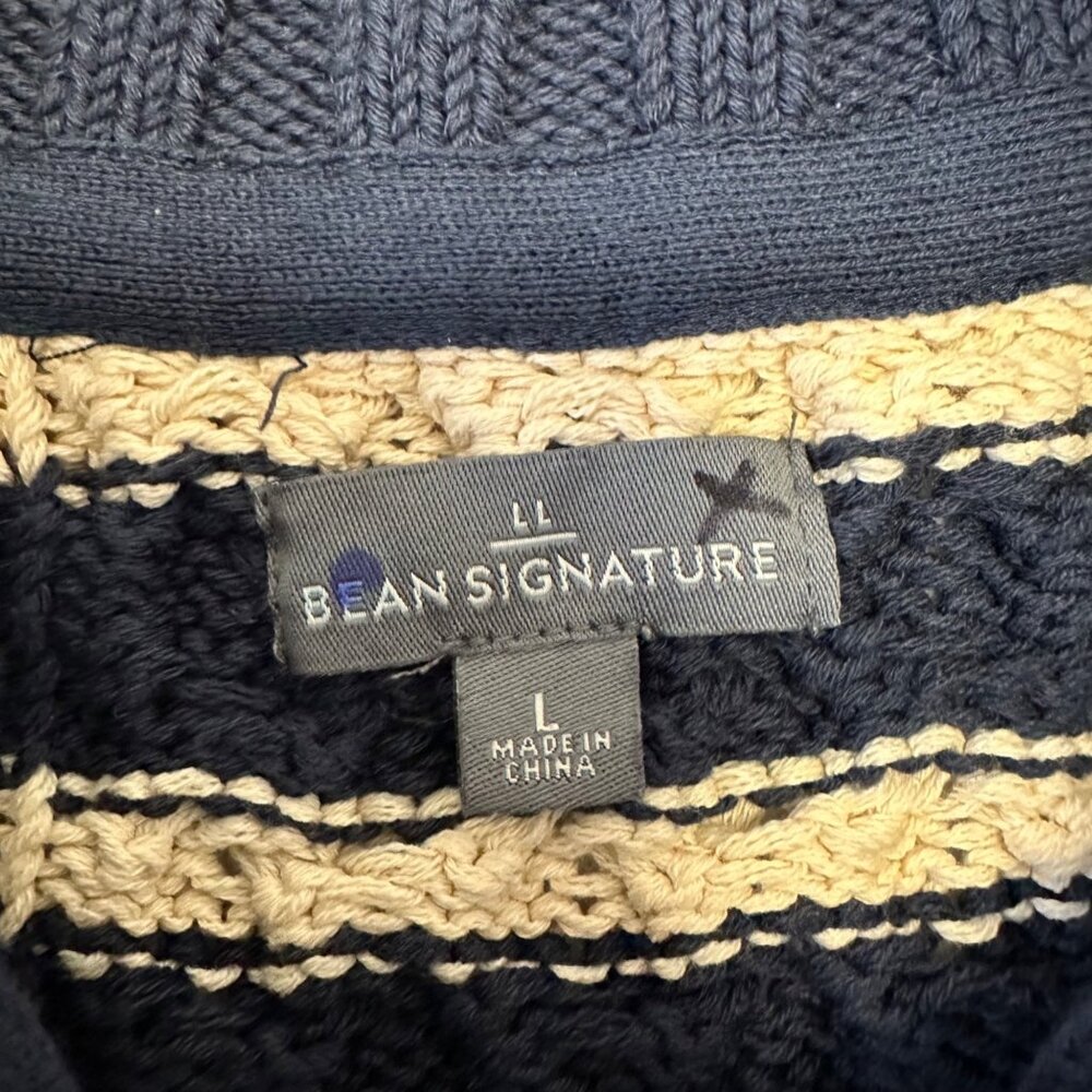 LL Bean Mens Cotton Striped Cable Knit Fisherman Sweater Quarter Zip Size Large - Picture 3 of 13